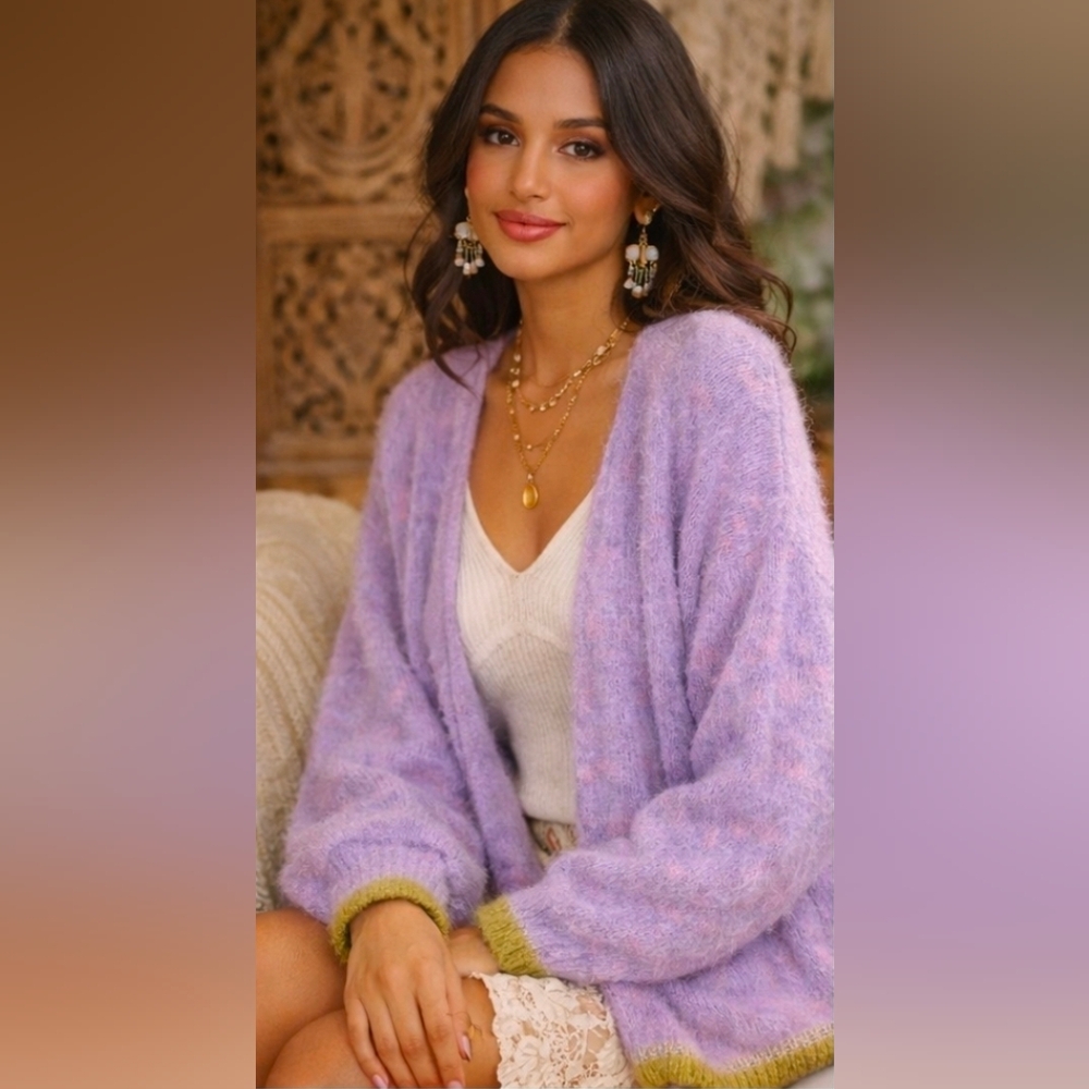 Anthropologe X Knit Lurex Wool Blend Open  Cardigan Pink Stone NWT$230 *Retired*
